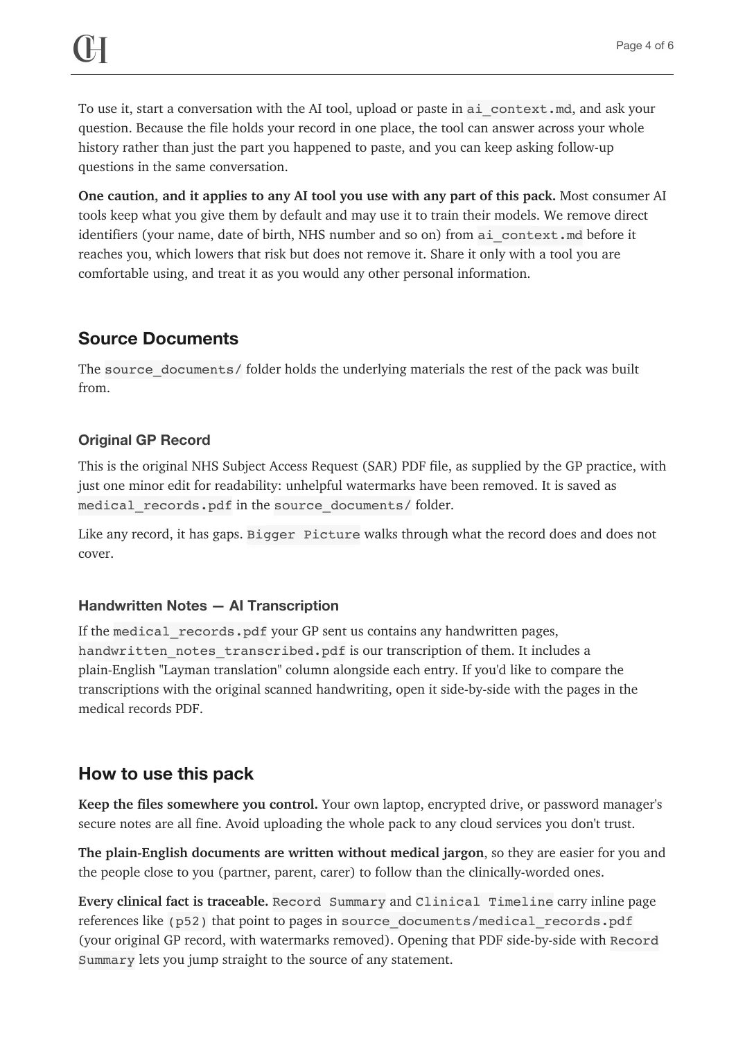 Page 4 of the About This Pack document from the published Chronicle Pack: Source documents, then how to use this pack