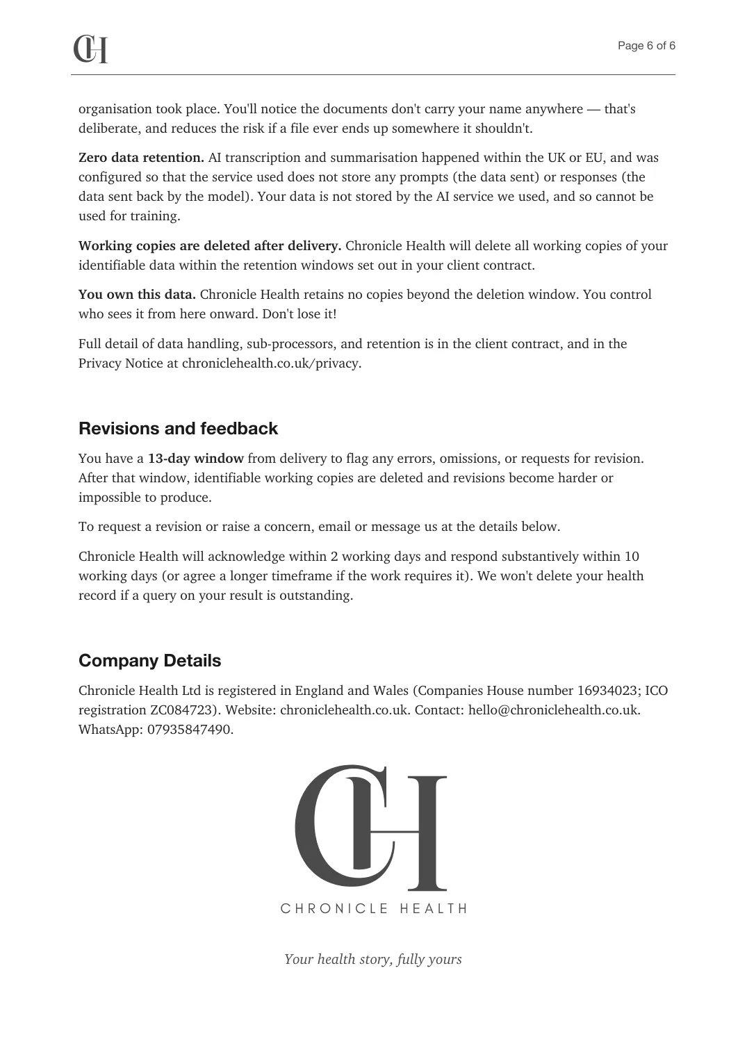 Page 6 of the About This Pack document from the published Chronicle Pack: How your data was handled, feedback, company details