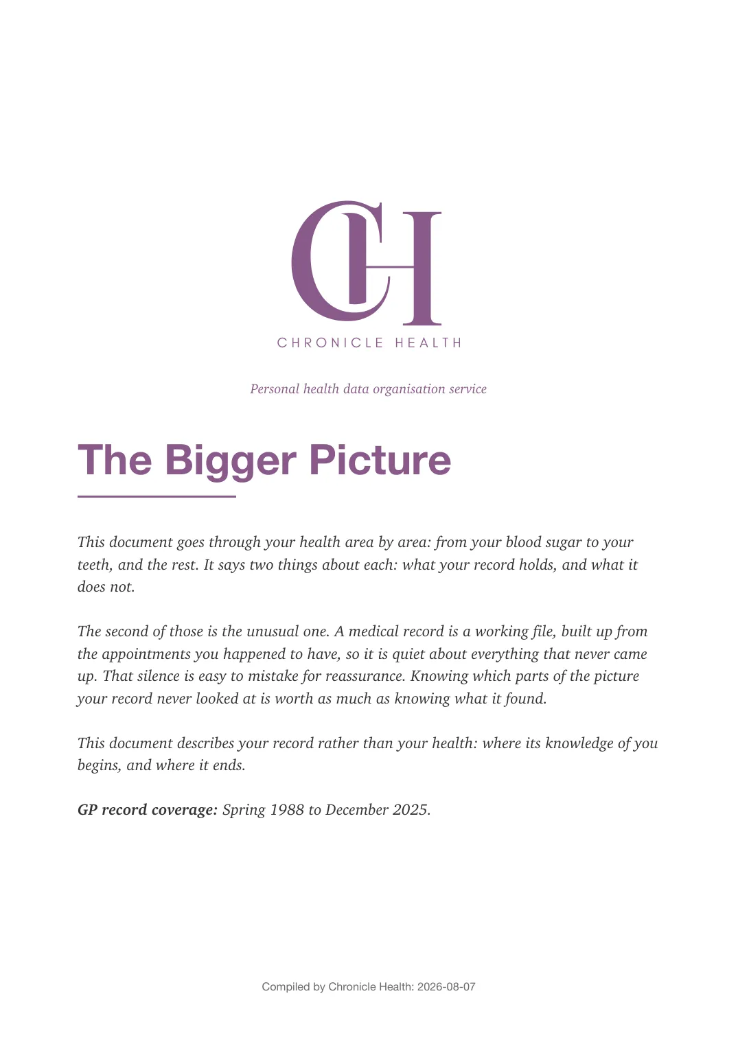 Page 1 of the Bigger Picture document from the published Chronicle Pack: Cover page
