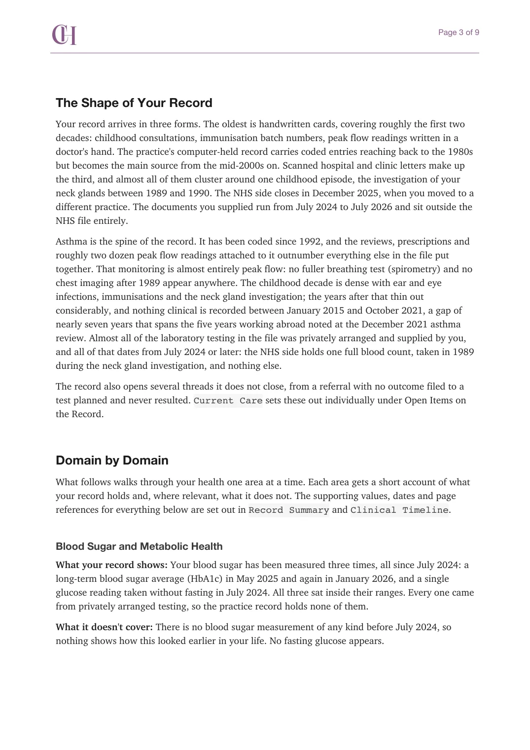 Page 3 of the Bigger Picture document from the published Chronicle Pack: The shape of your record, then blood sugar