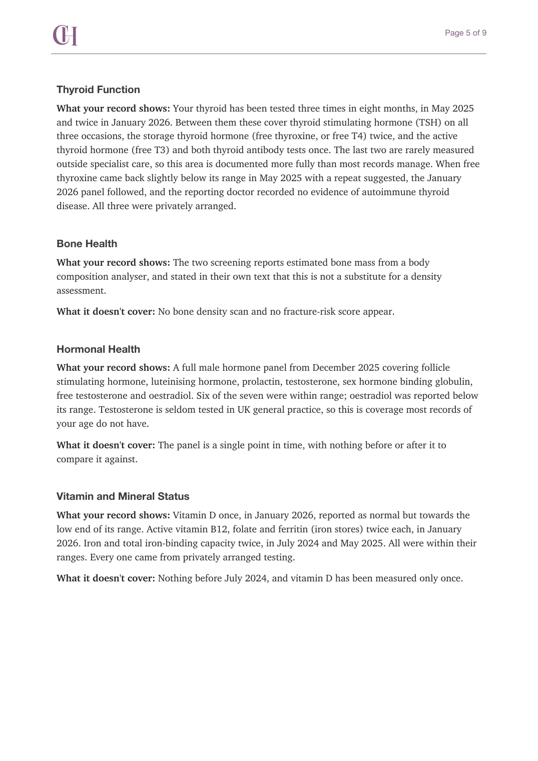 Page 5 of the Bigger Picture document from the published Chronicle Pack: Thyroid, bone health, hormonal health, vitamin and mineral status