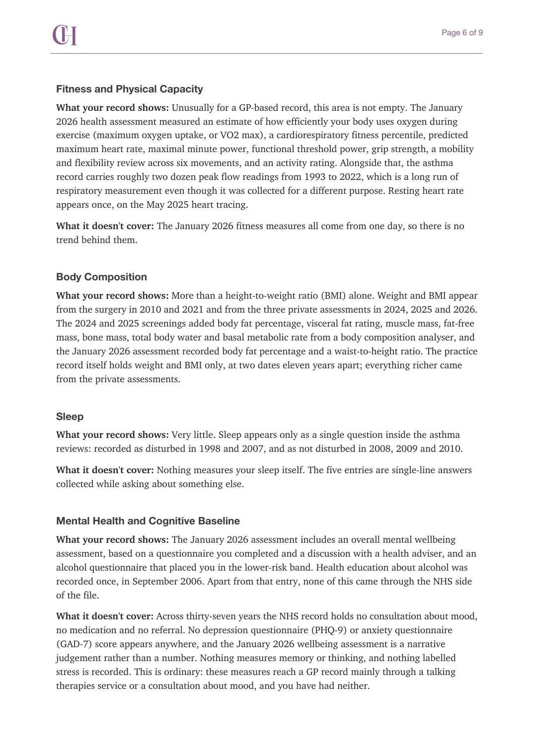 Page 6 of the Bigger Picture document from the published Chronicle Pack: Fitness, body composition, sleep, mental health