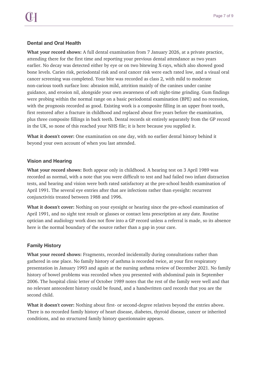 Page 7 of the Bigger Picture document from the published Chronicle Pack: Dental, vision and hearing, family history
