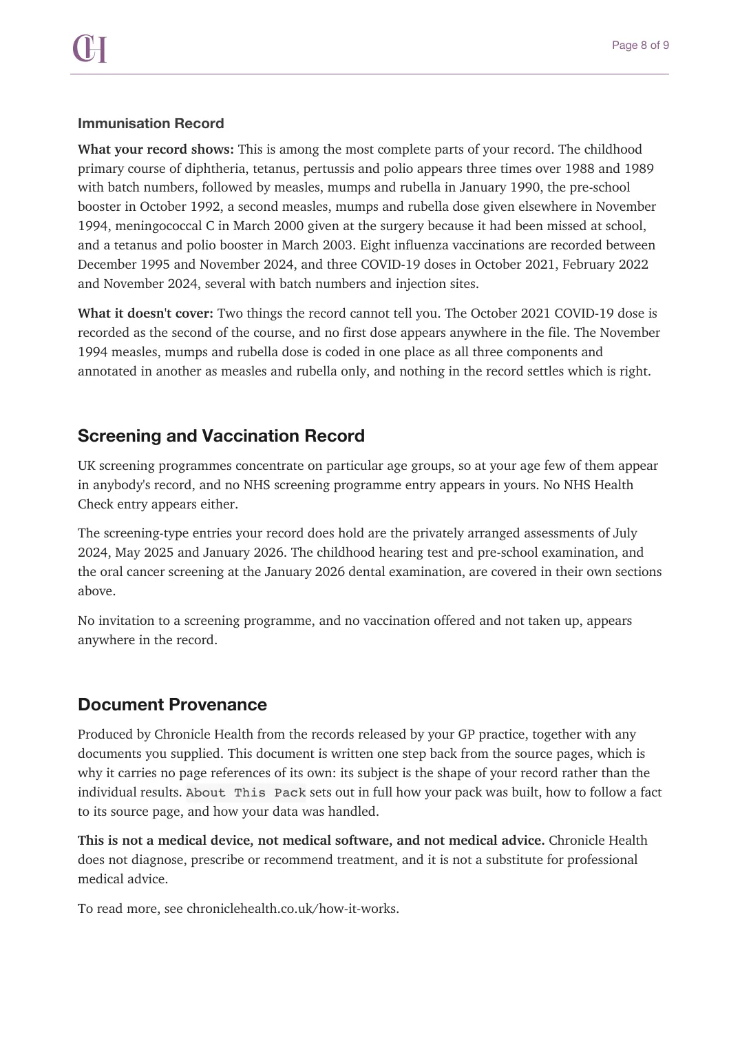 Page 8 of the Bigger Picture document from the published Chronicle Pack: Immunisation record, screening record, then provenance