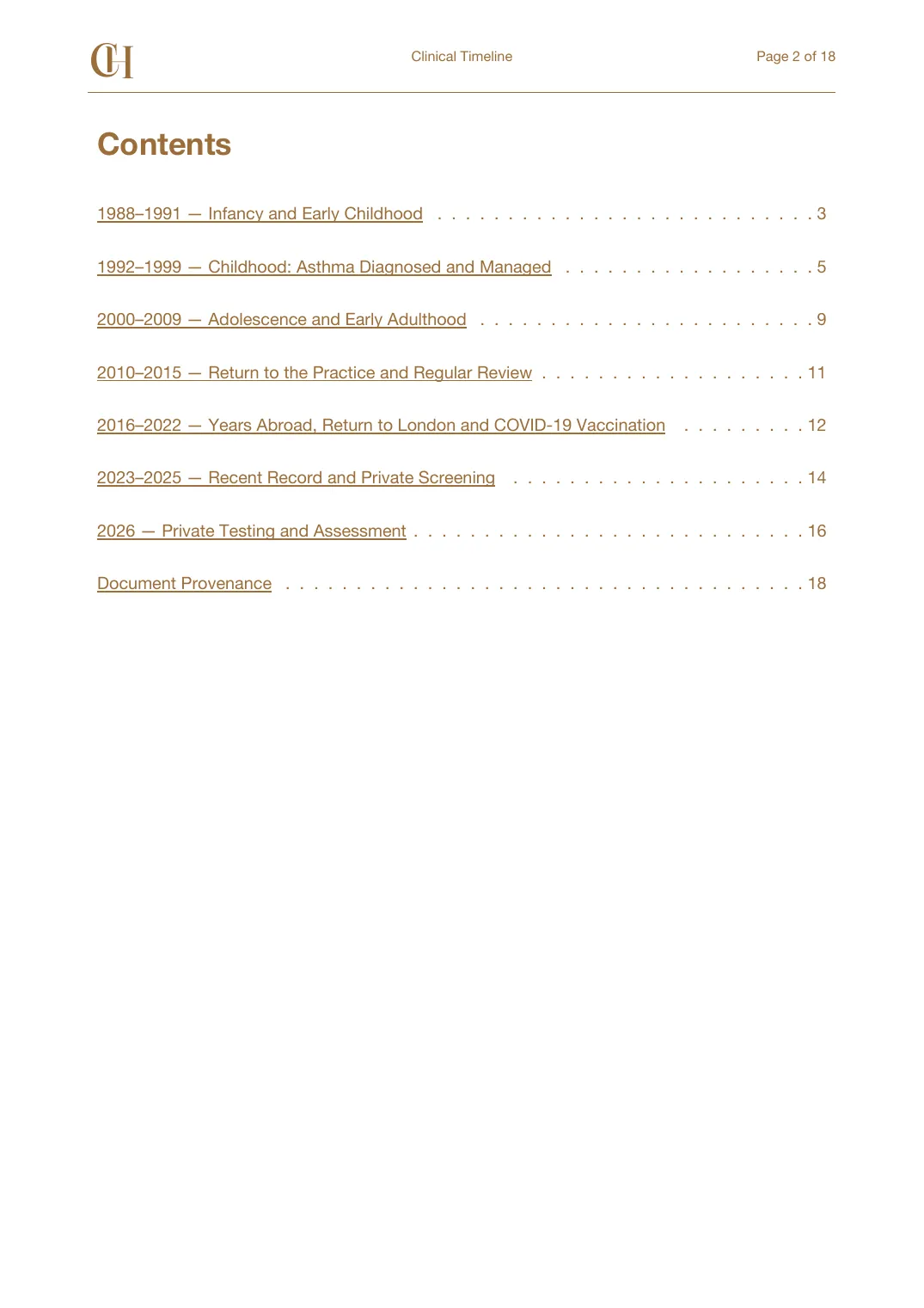 Page 2 of the Clinical Timeline document from the published Chronicle Pack: Contents