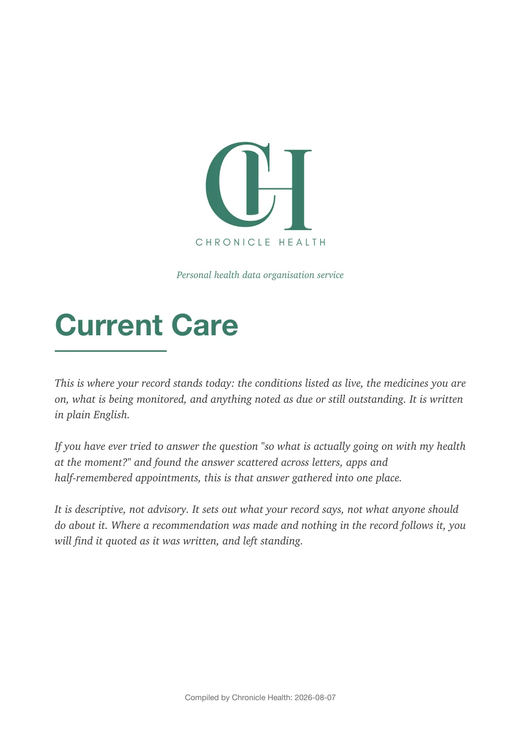 Page 1 of the Current Care document from the published Chronicle Pack: Cover page