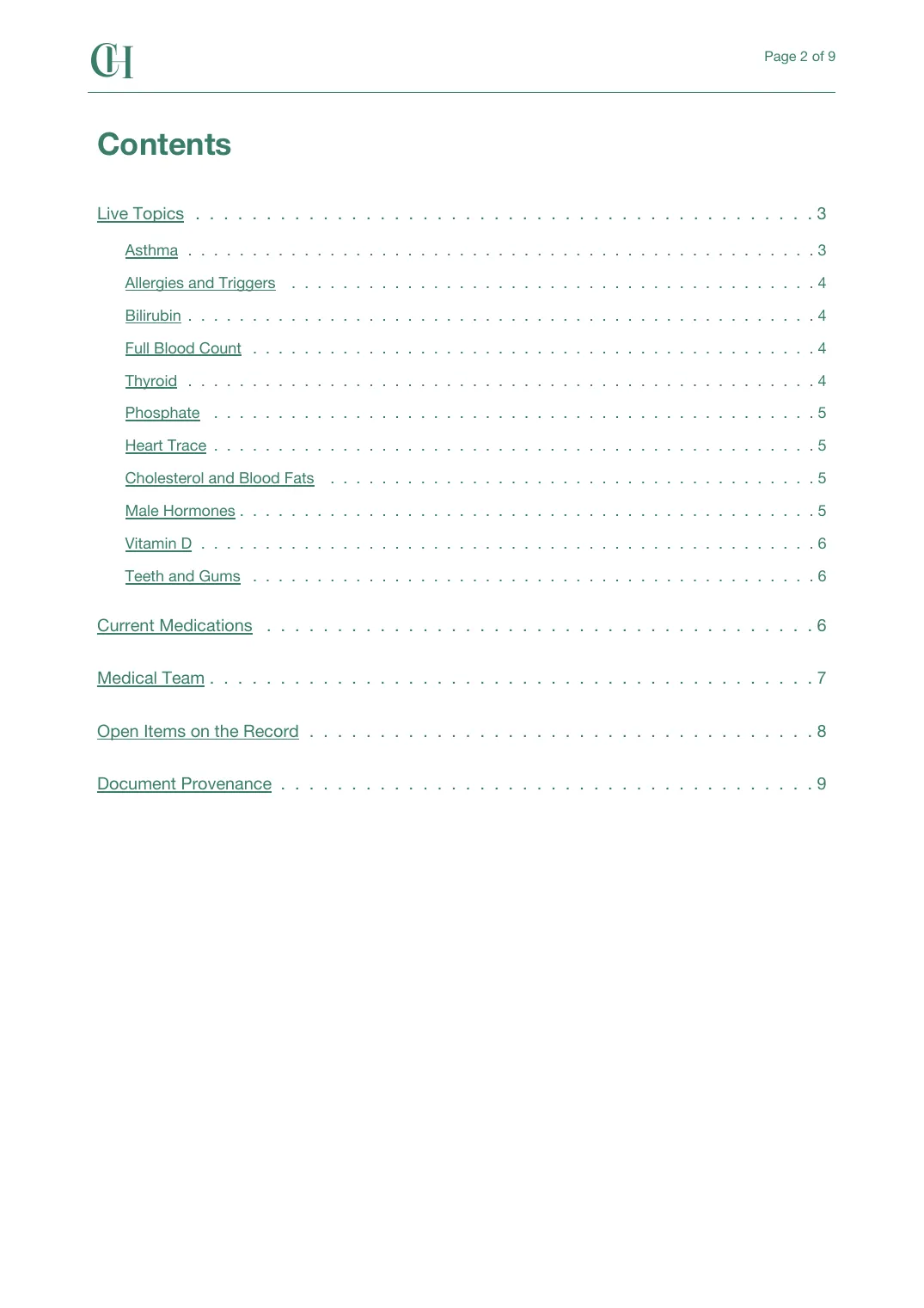 Page 2 of the Current Care document from the published Chronicle Pack: Contents