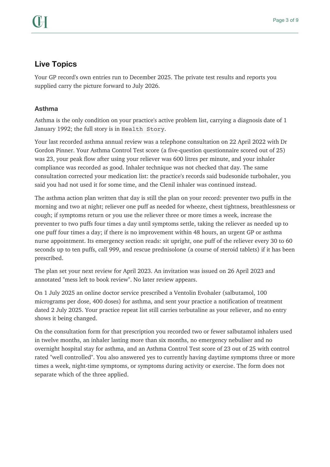 Page 3 of the Current Care document from the published Chronicle Pack: Live topics: asthma, the action plan, and the 2025 online consultation