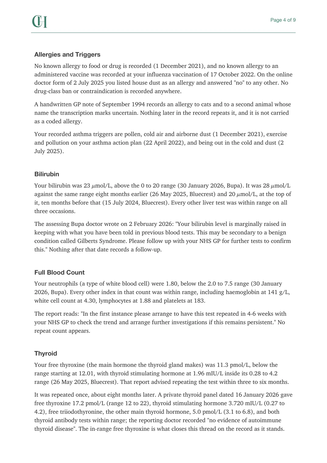 Page 4 of the Current Care document from the published Chronicle Pack: Allergies and triggers, bilirubin, full blood count, thyroid