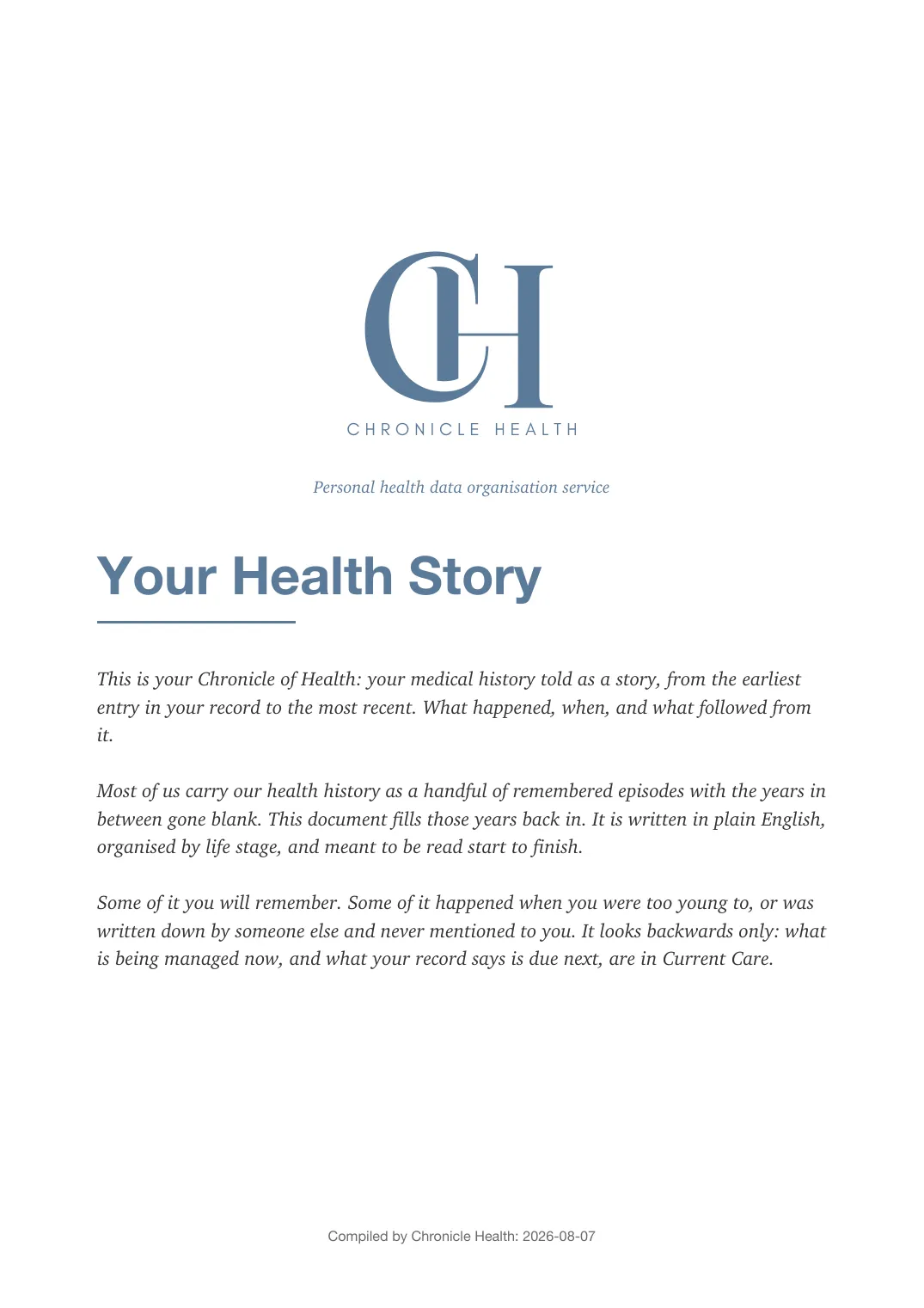 Page 1 of the Health Story document from the published Chronicle Pack: Cover page