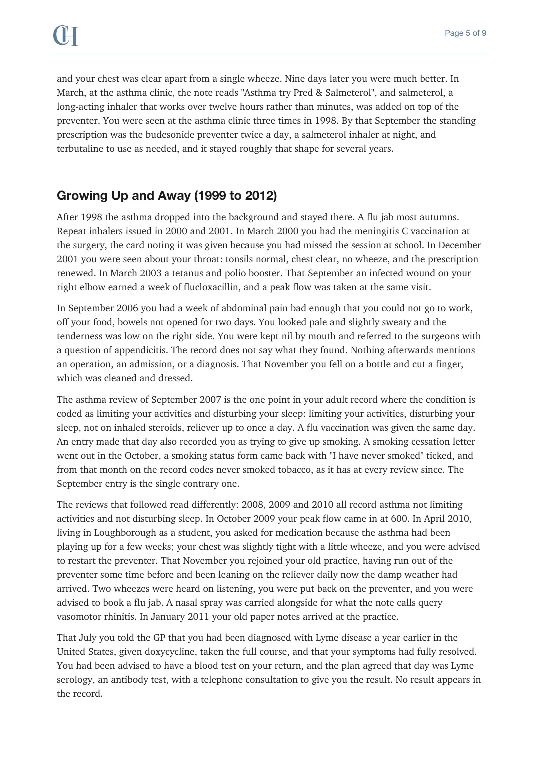 Page 5 of the Health Story document from the published Chronicle Pack: Growing up and away, 1999 to 2012