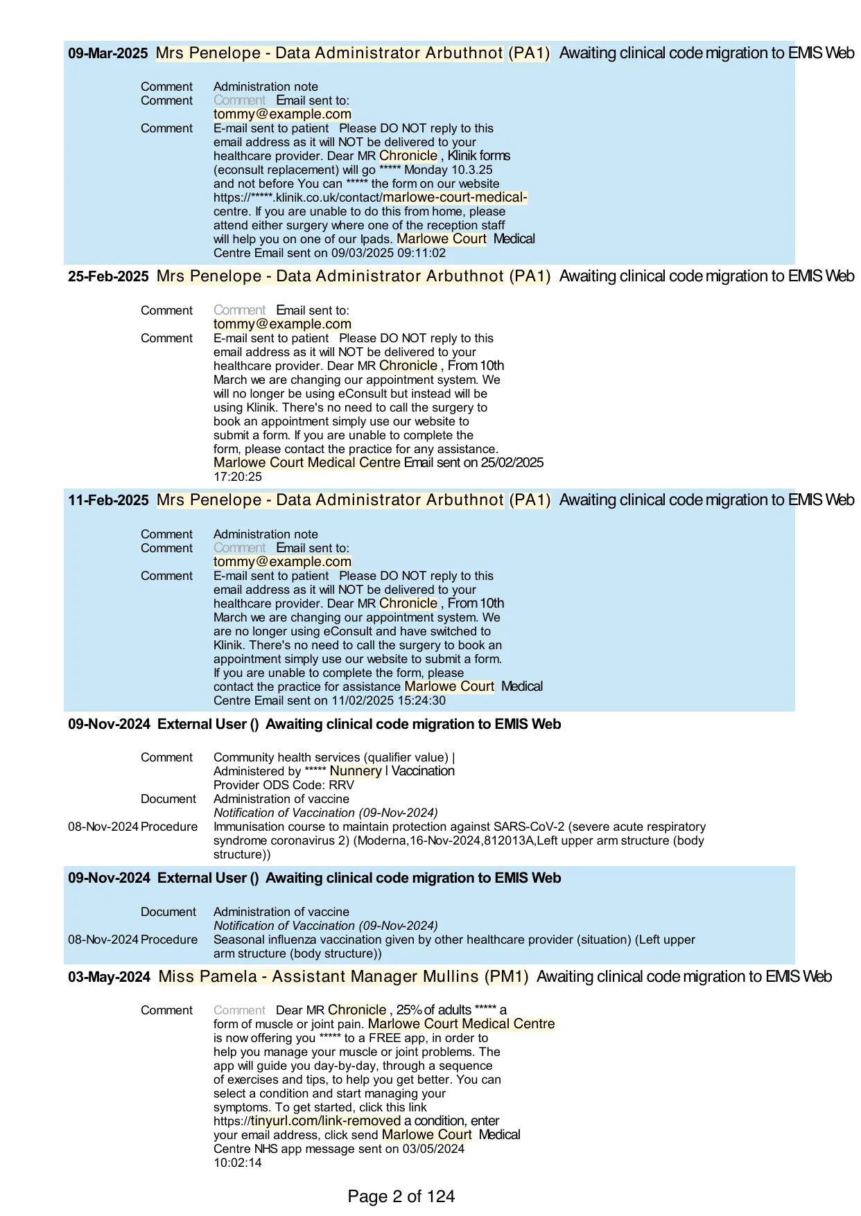 Page 2 of the record: Automated messages, 2024 to 2025