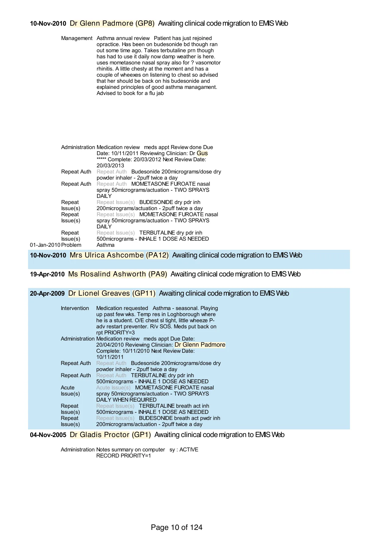 Page 10 of the record: Annual review and medication reviews, 2010