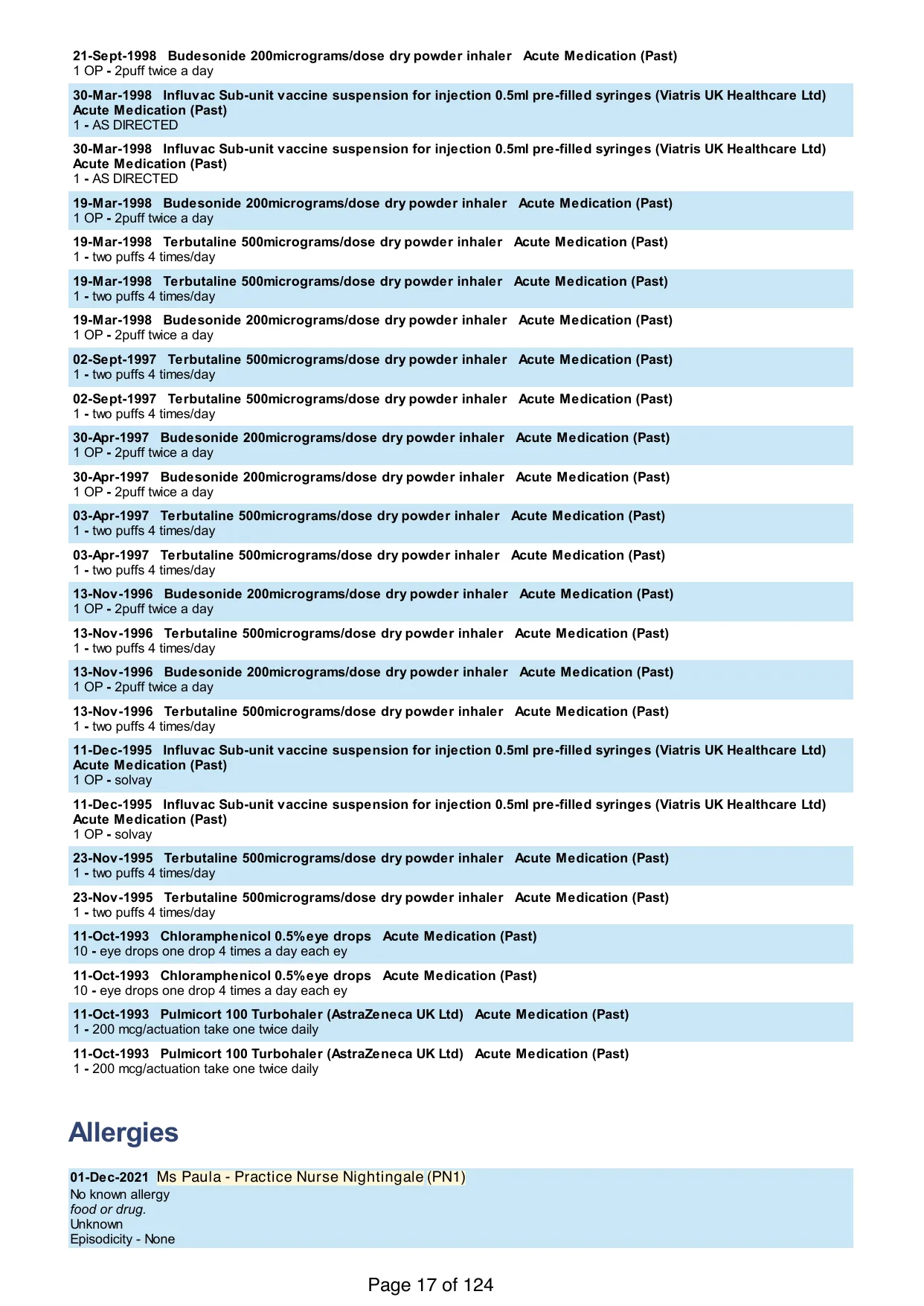 Page 17 of the record: End of the medication list, then allergies