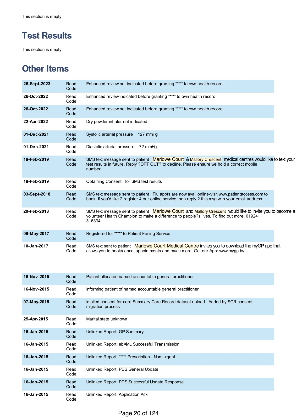 Page 20 of the record: Test results, then other items