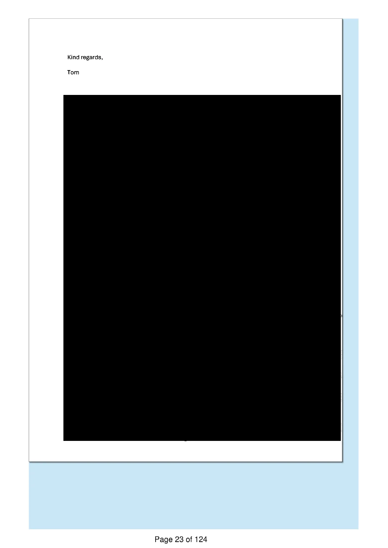 Page 23 of the record: The end of an email, mostly redacted