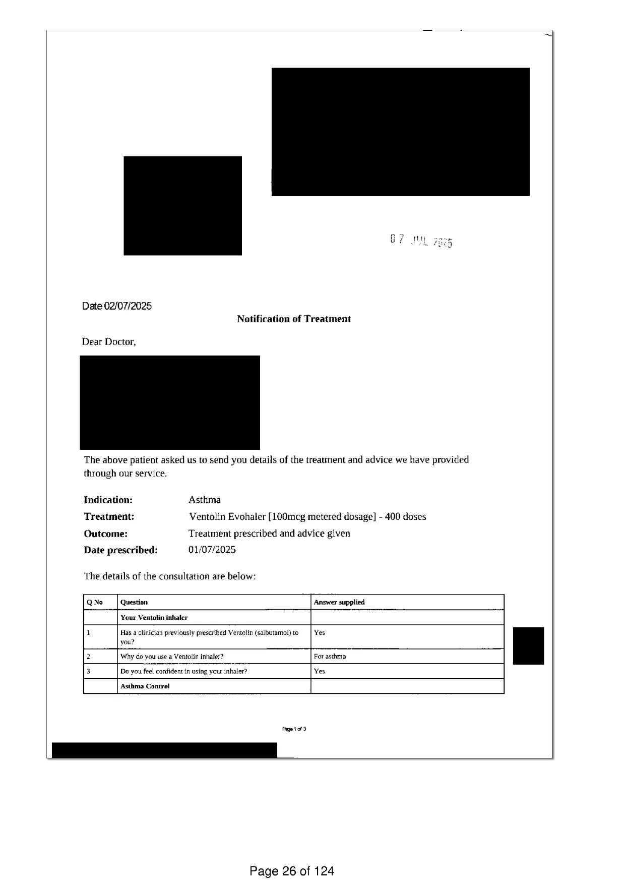Page 26 of the record: A treatment notification, 2025