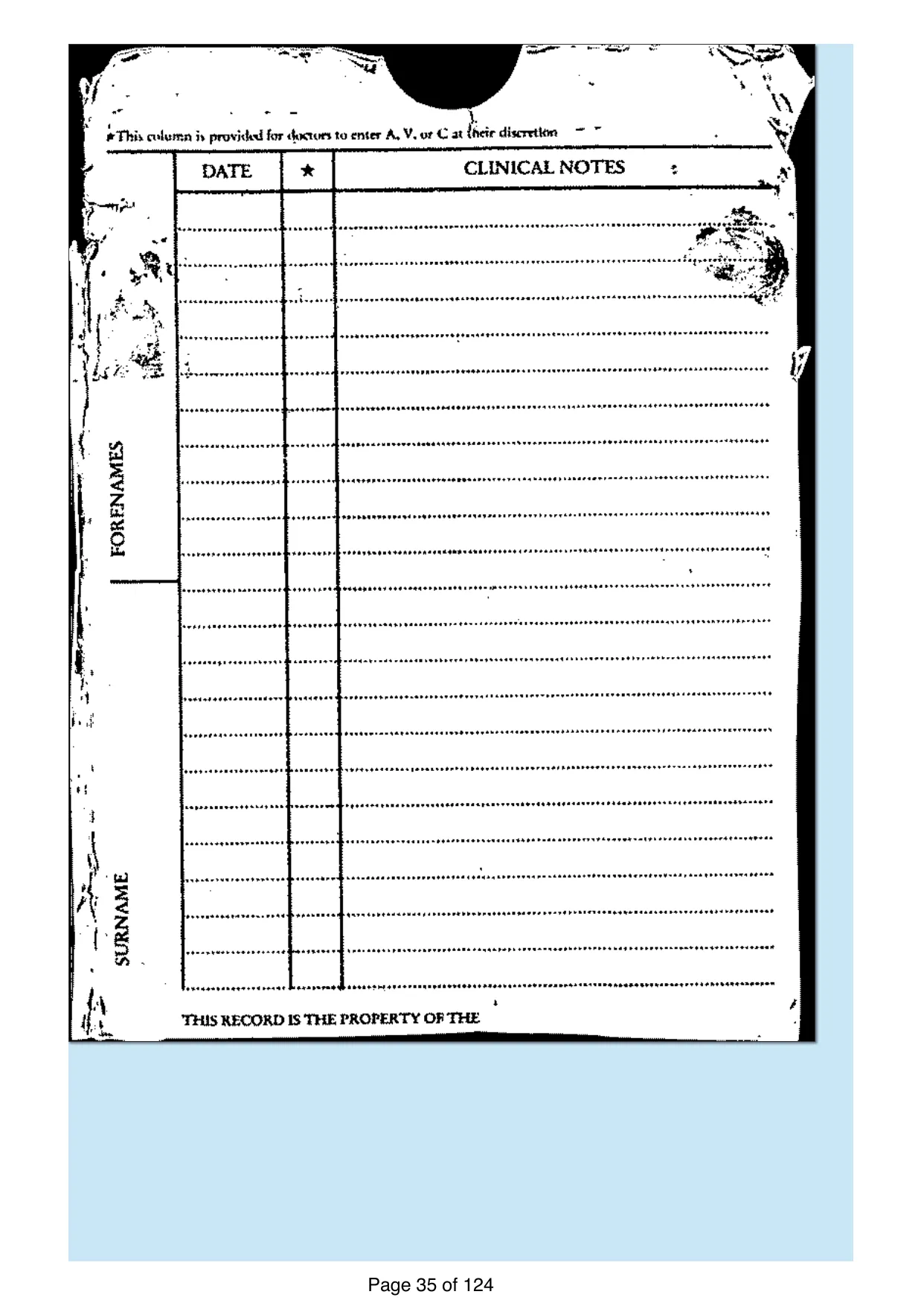 Page 35 of the record: A blank clinical notes card