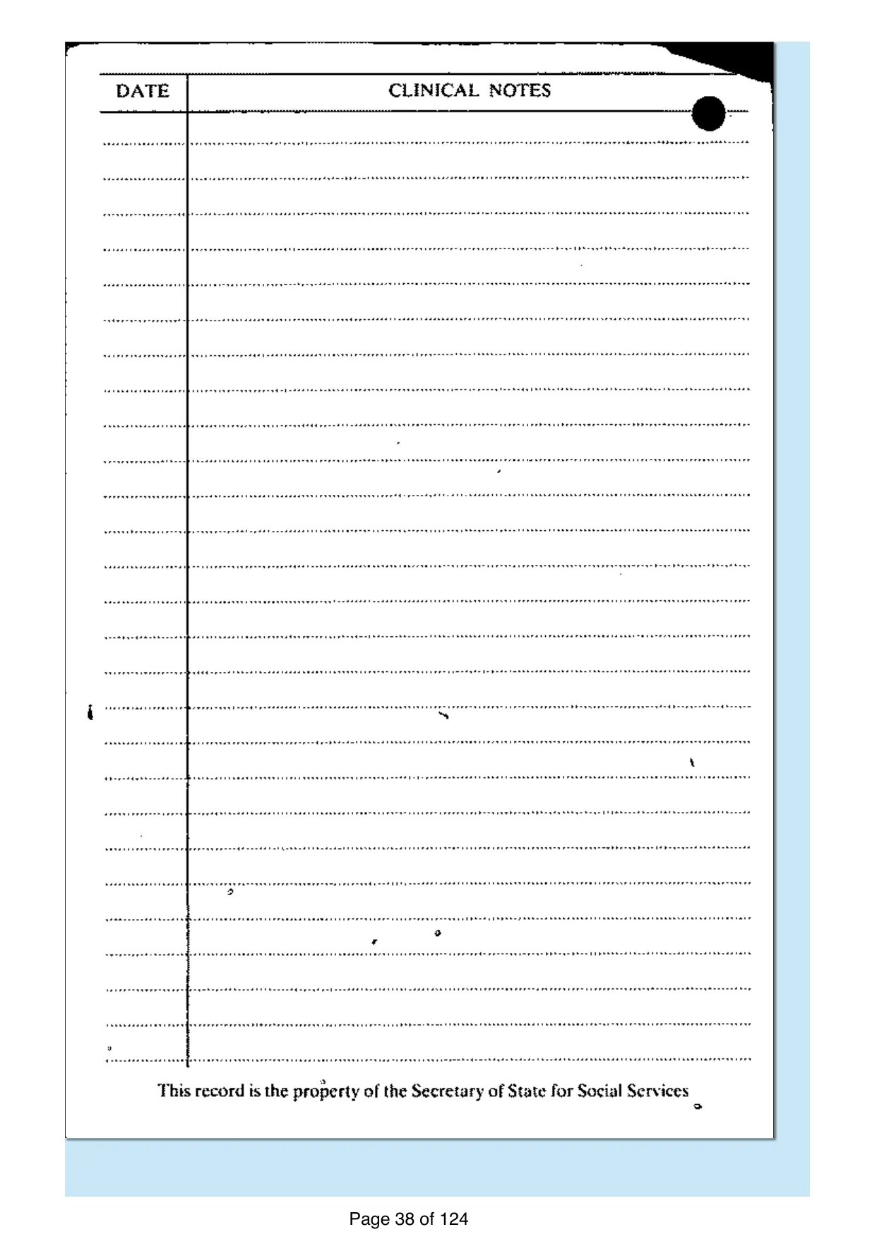 Page 38 of the record: A blank clinical notes card