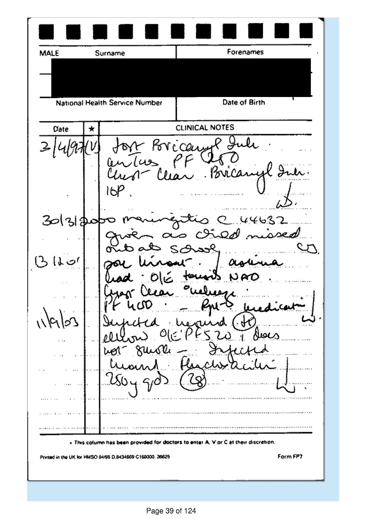 Page 39 of the record: Handwritten record card, 1997 to 2003