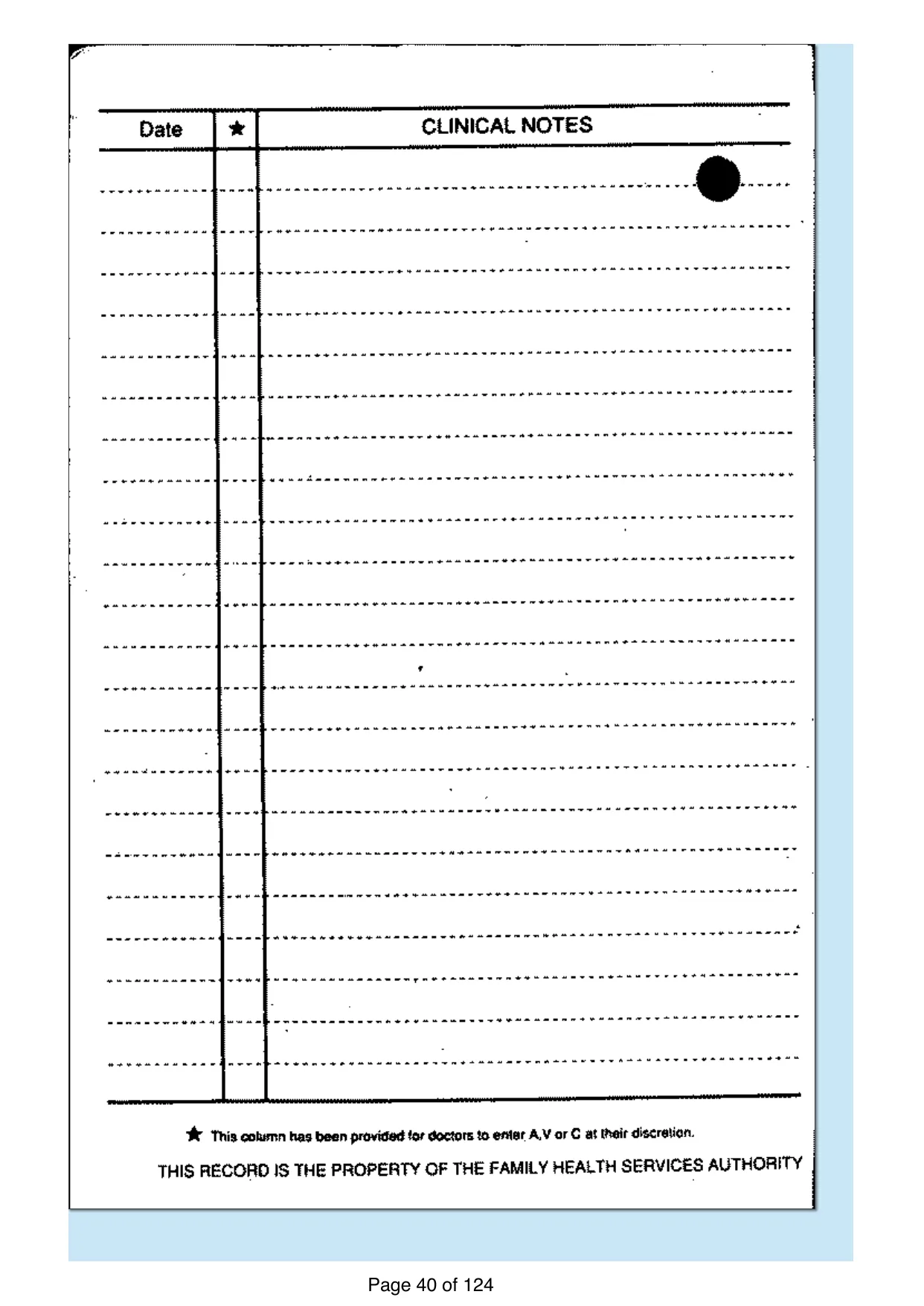 Page 40 of the record: A blank clinical notes card
