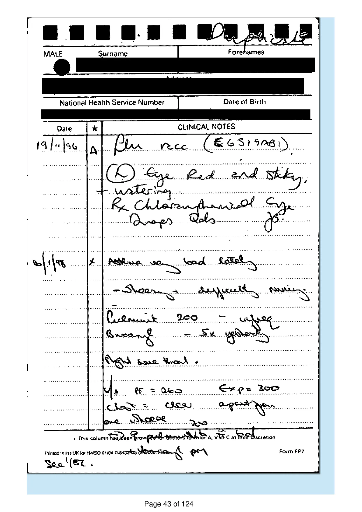 Page 43 of the record: Handwritten record card, 1996 to 1998