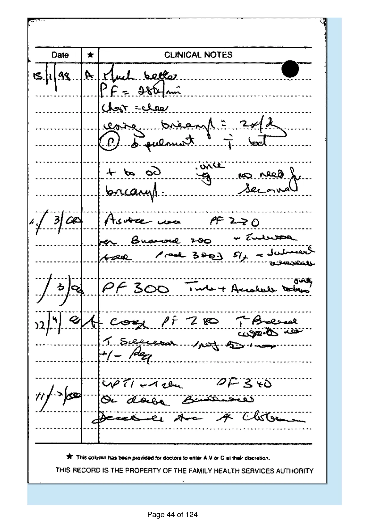 Page 44 of the record: Handwritten record card, 1998 to 2000