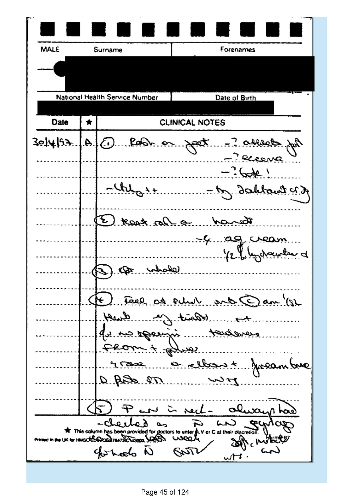 Page 45 of the record: Handwritten record card, 1997