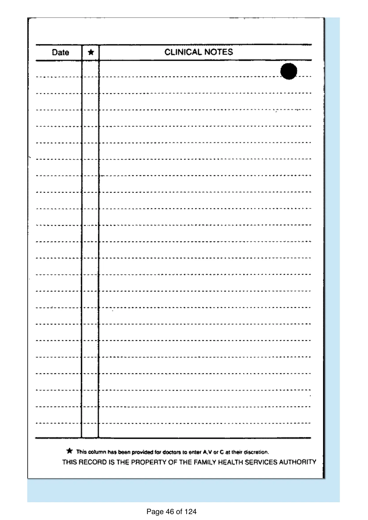 Page 46 of the record: A blank clinical notes card