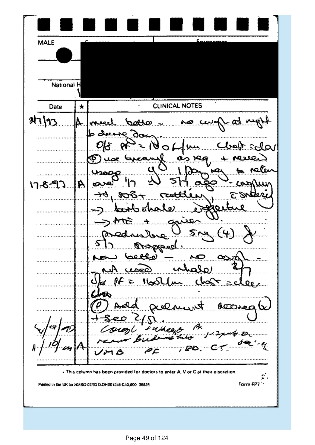 Page 49 of the record: Handwritten record card, 1993 to 1994