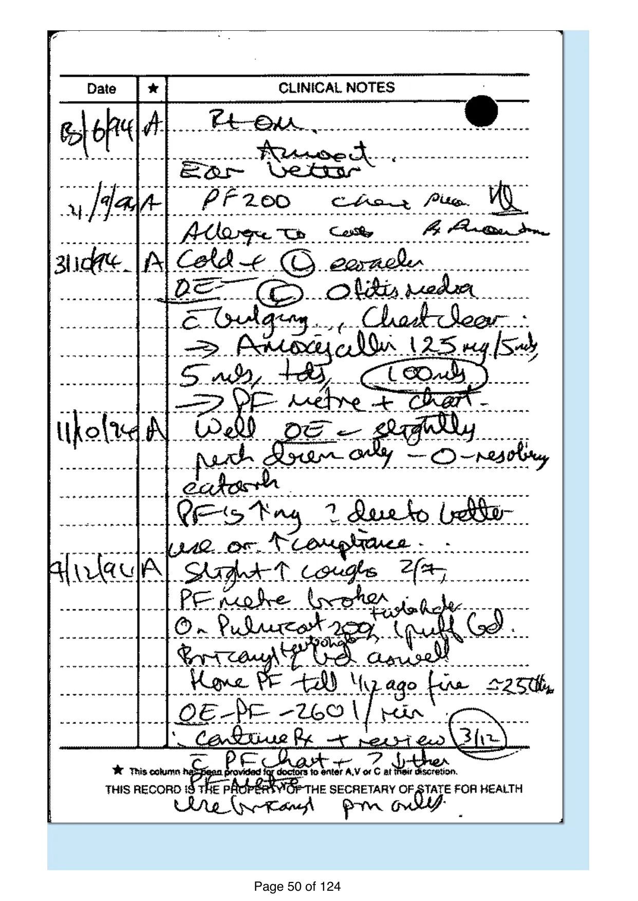 Page 50 of the record: Handwritten record card, 1994
