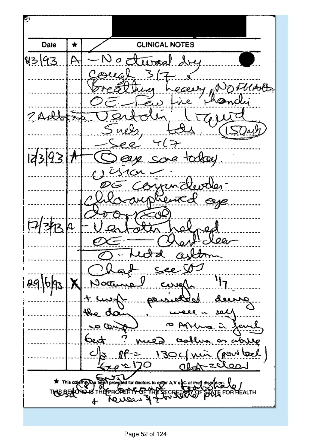 Page 52 of the record: Handwritten record card, 1993