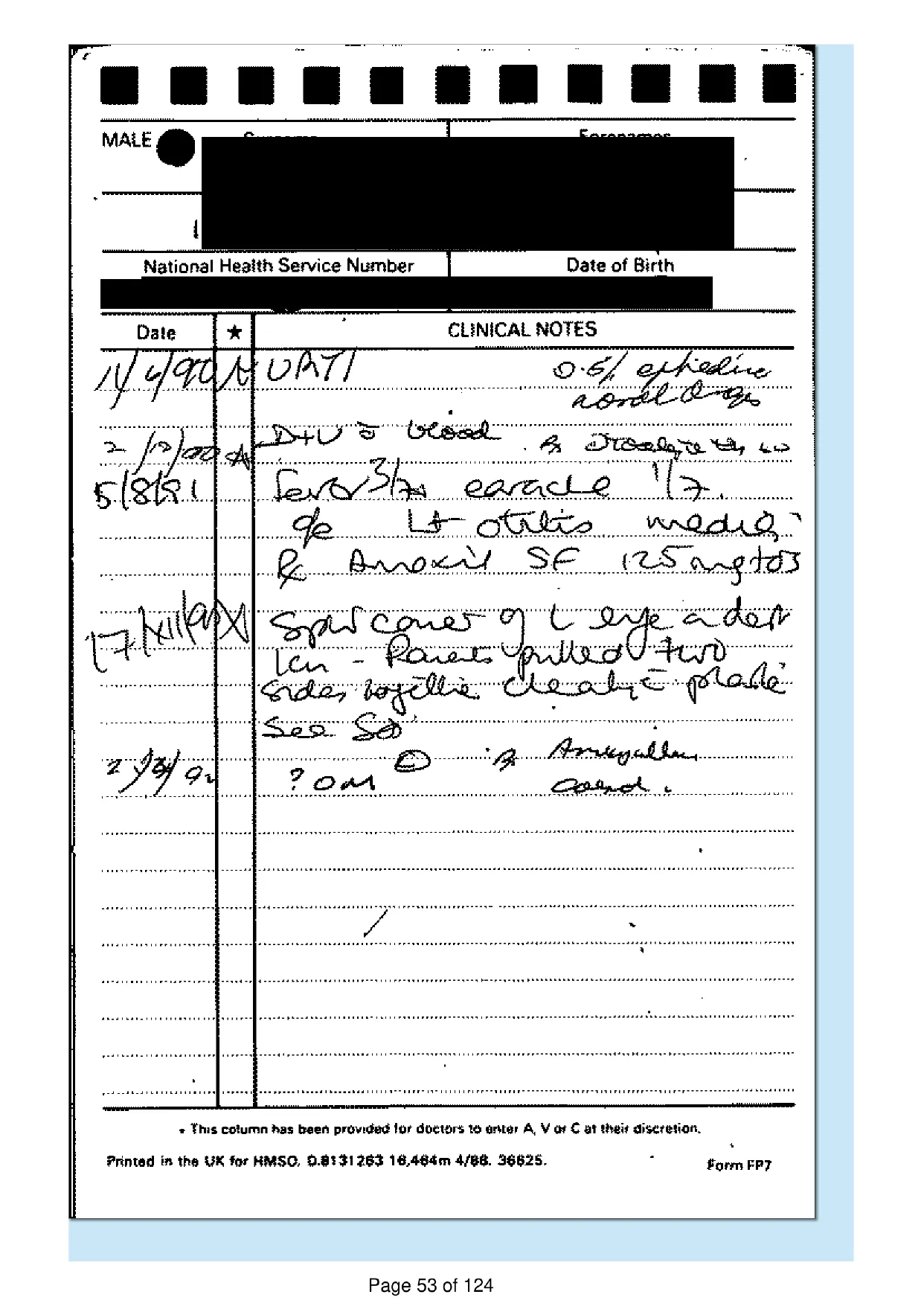 Page 53 of the record: Handwritten record card, 1990 to 1992