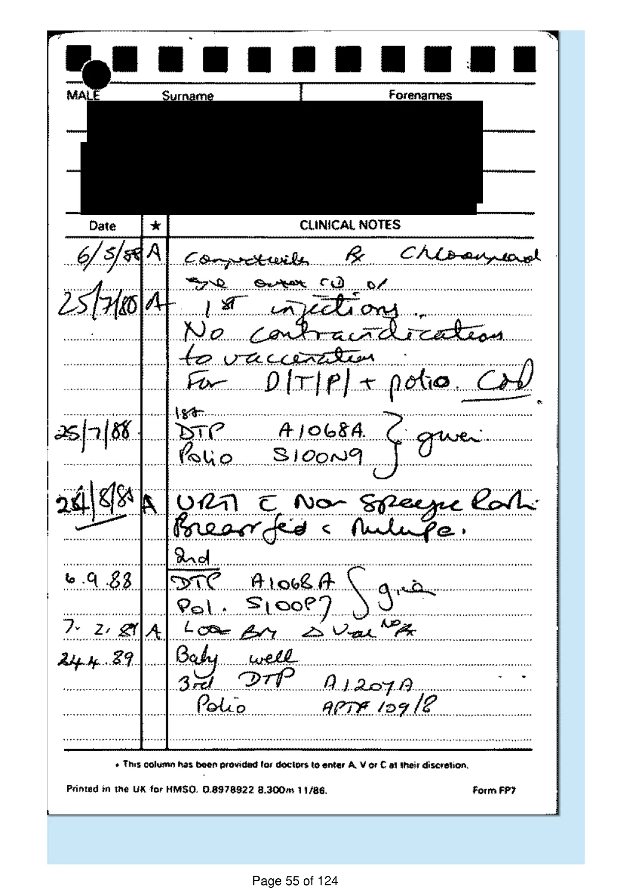 Page 55 of the record: Handwritten record card, 1988 to 1989