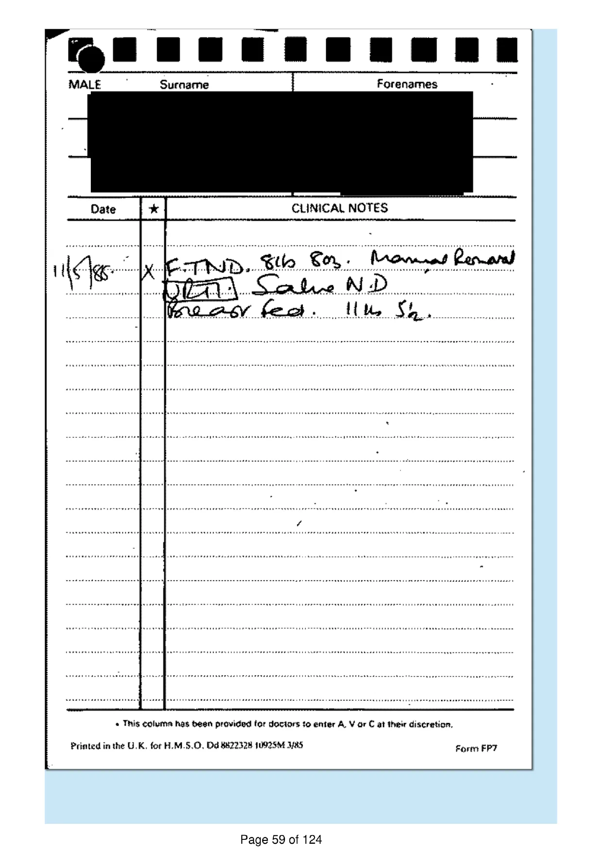 Page 59 of the record: Handwritten record card, 1985 to 1988