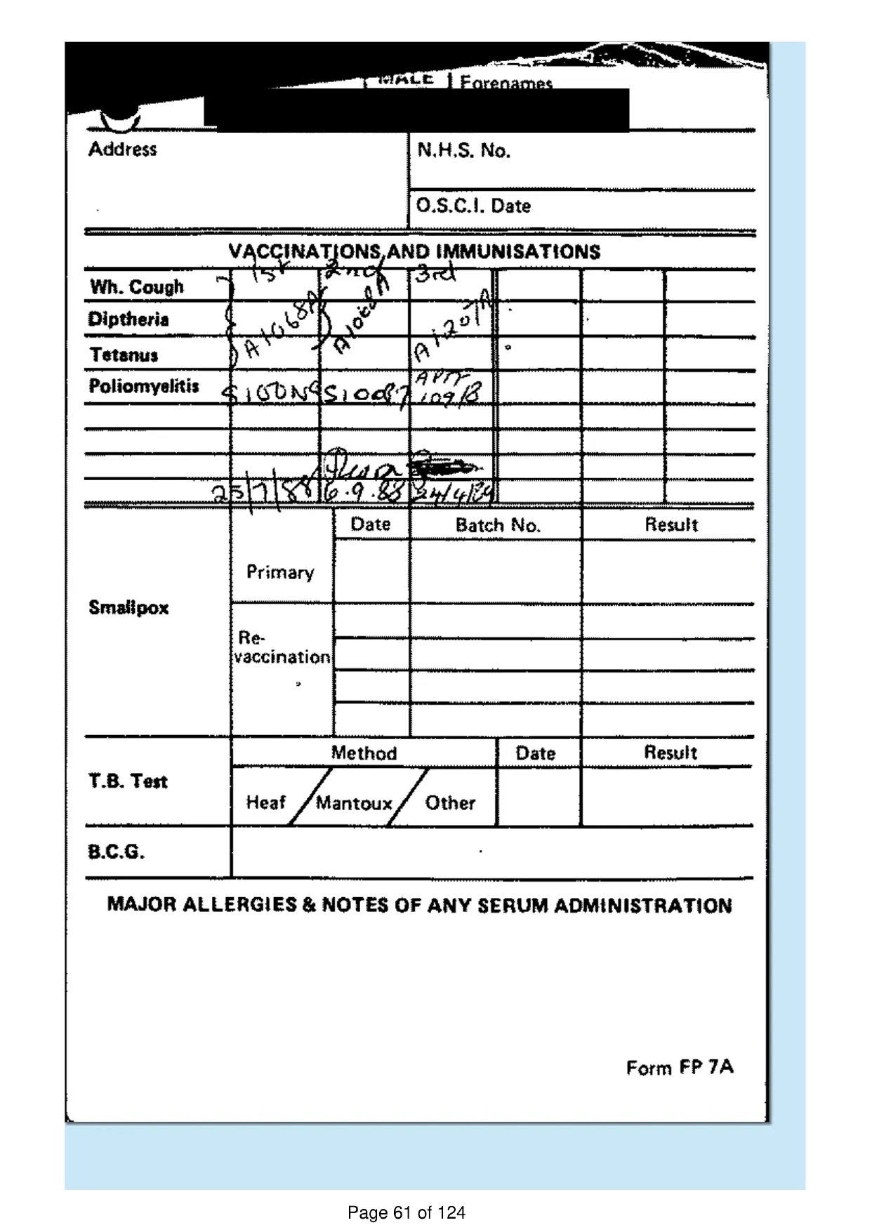 Page 61 of the record: Vaccinations card, 1988 to 1989