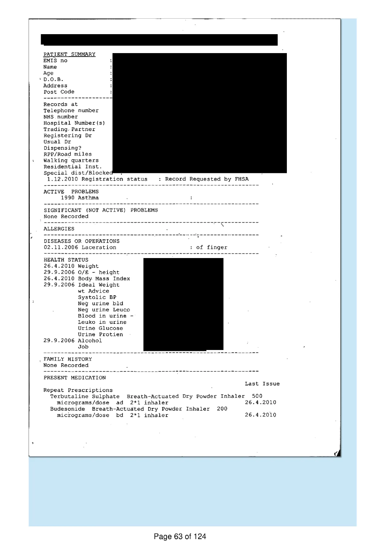 Page 63 of the record: Handwritten health check, 2006 to 2010
