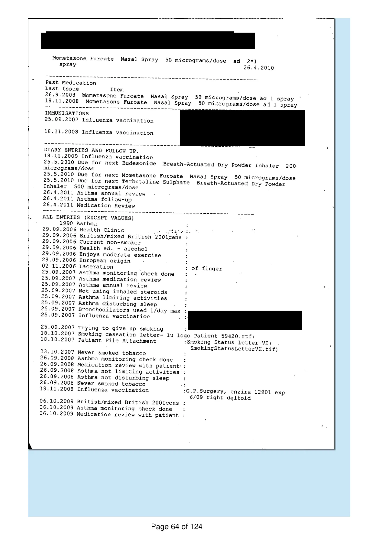 Page 64 of the record: A practice system printout begins