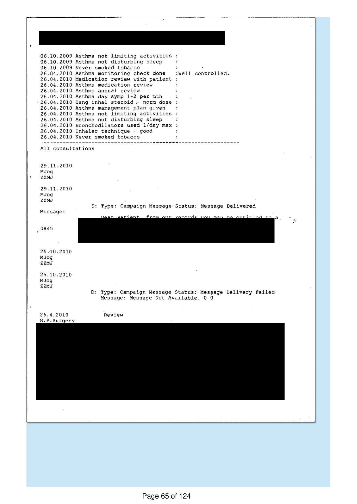 Page 65 of the record: The same printout, entries and consultations