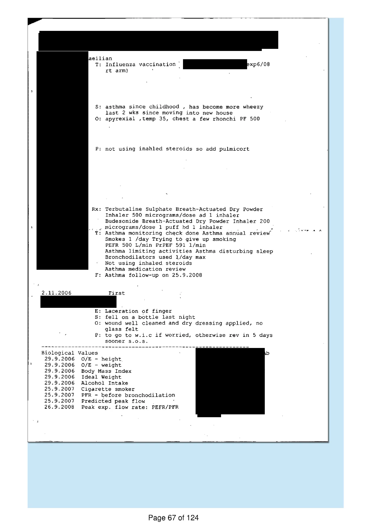 Page 67 of the record: The same printout, consultations and values