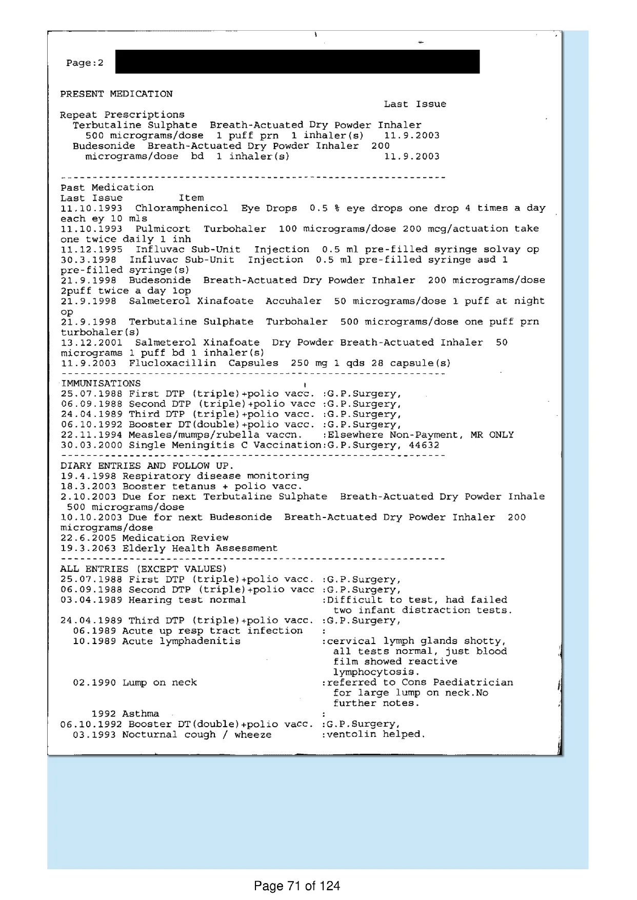 Page 71 of the record: A four-page summary printout, page 2