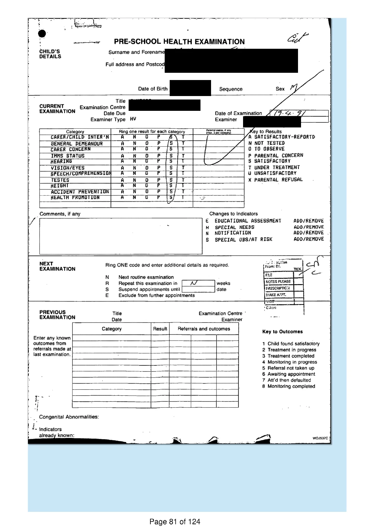 Page 81 of the record: A pre-school health examination form, 1991