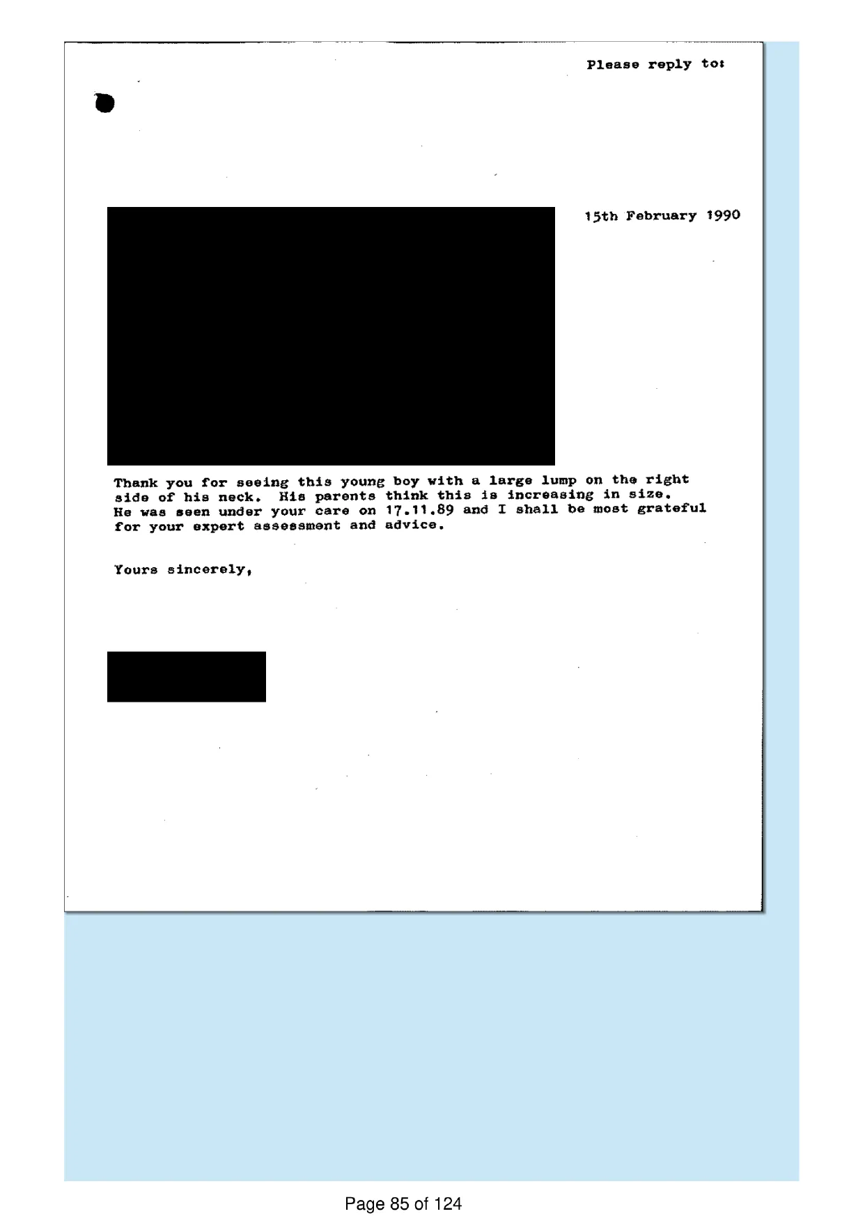 Page 85 of the record: A referral letter, 1990