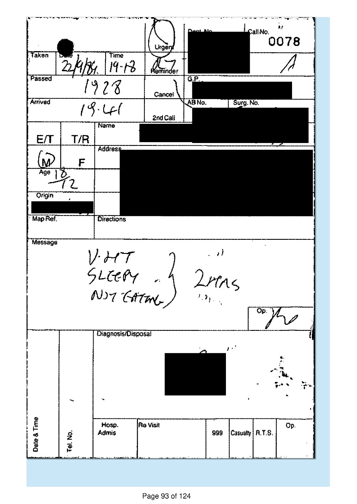 Page 93 of the record: A call-out message form, 1986