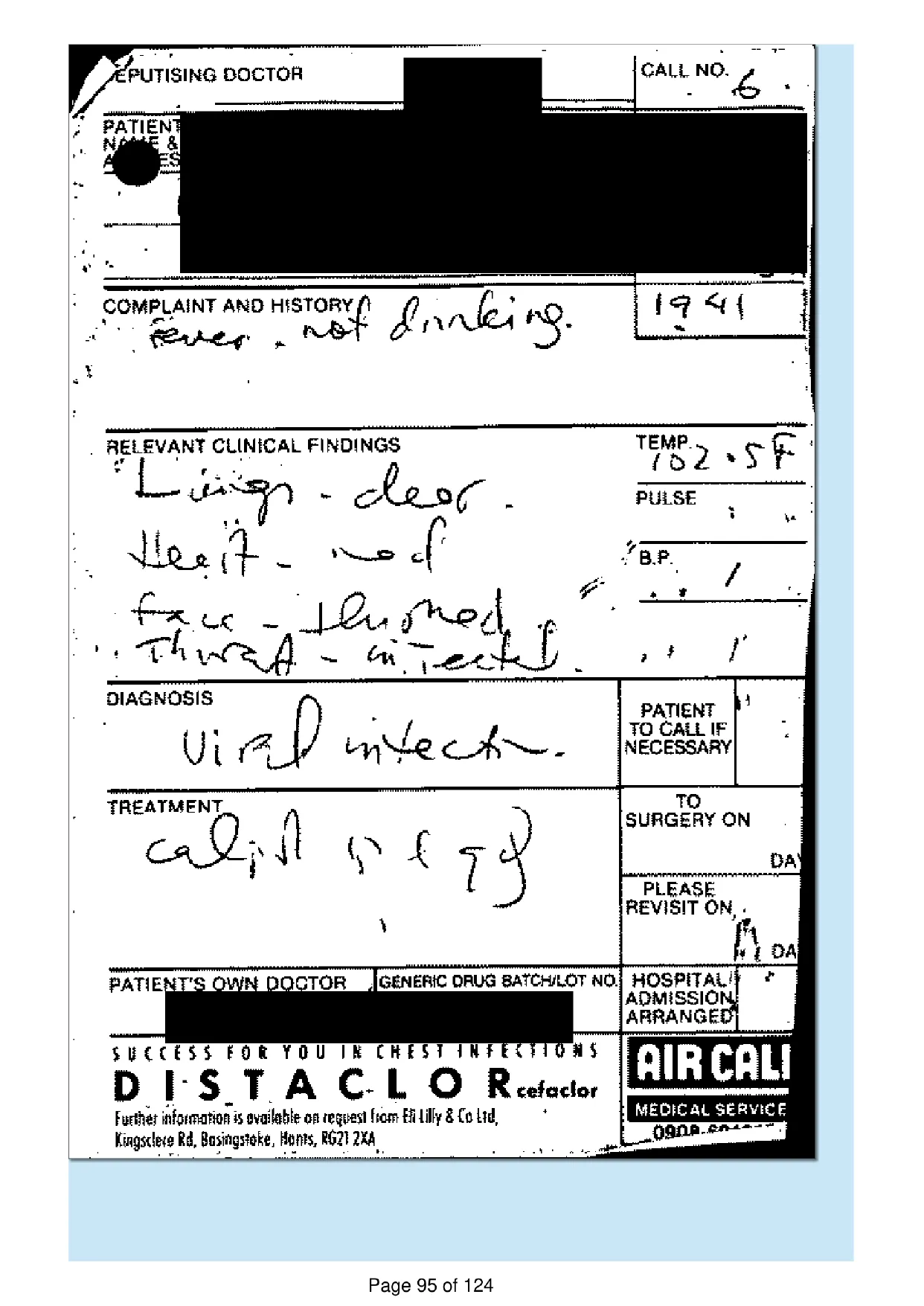 Page 95 of the record: A deputising doctor call form, 1991