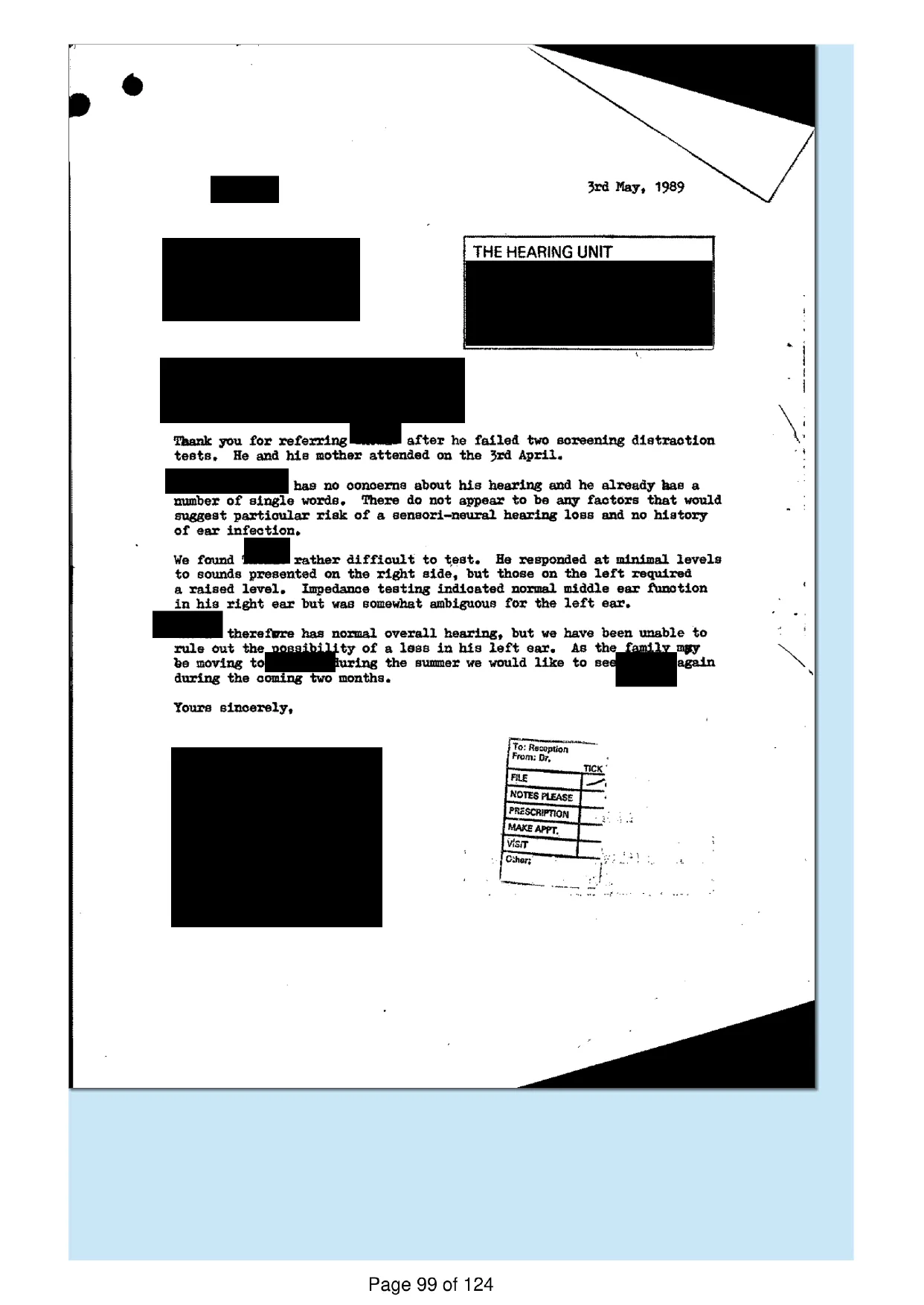 Page 99 of the record: A clinic letter, 1989