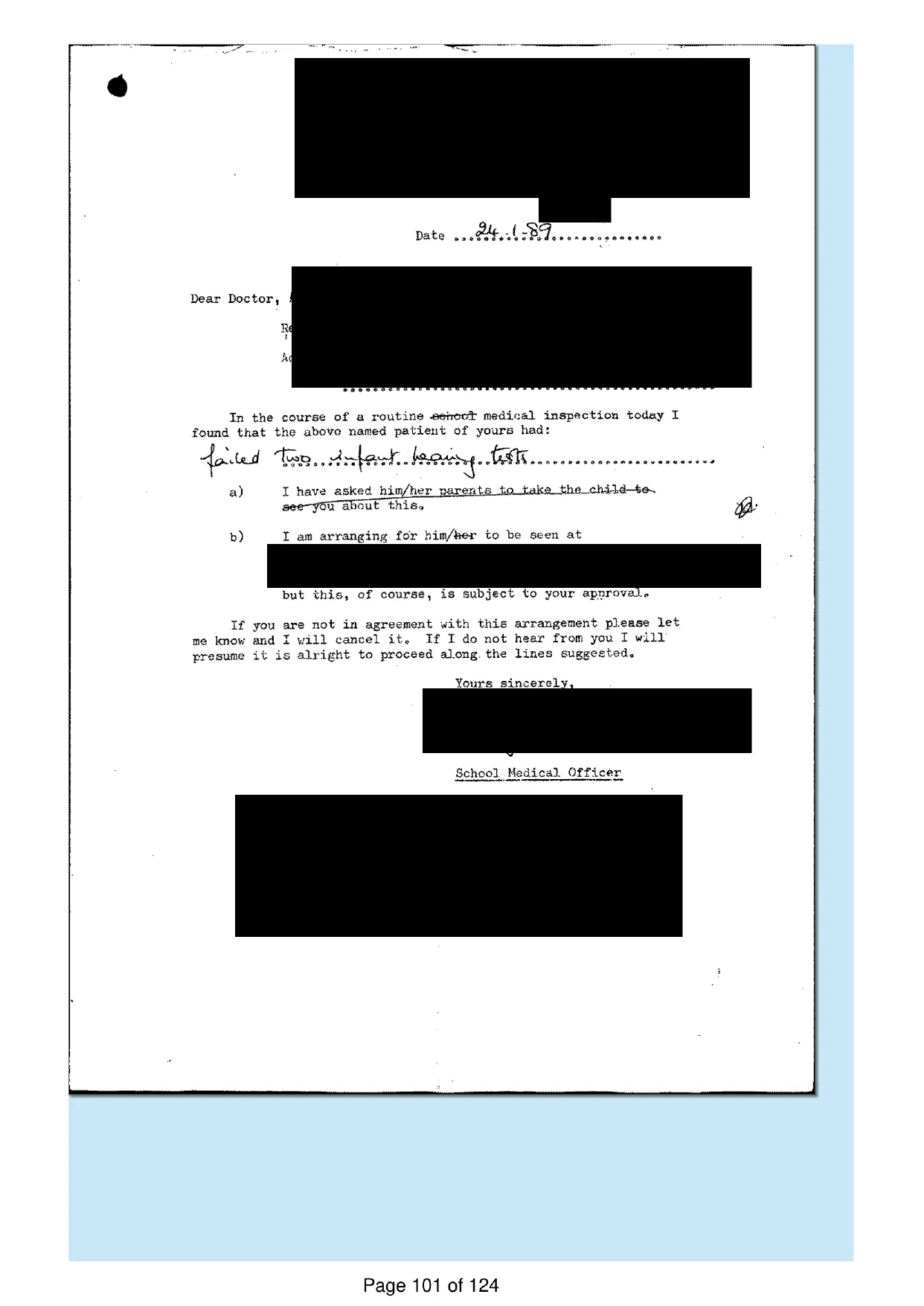 Page 101 of the record: A school medical service letter, 1987