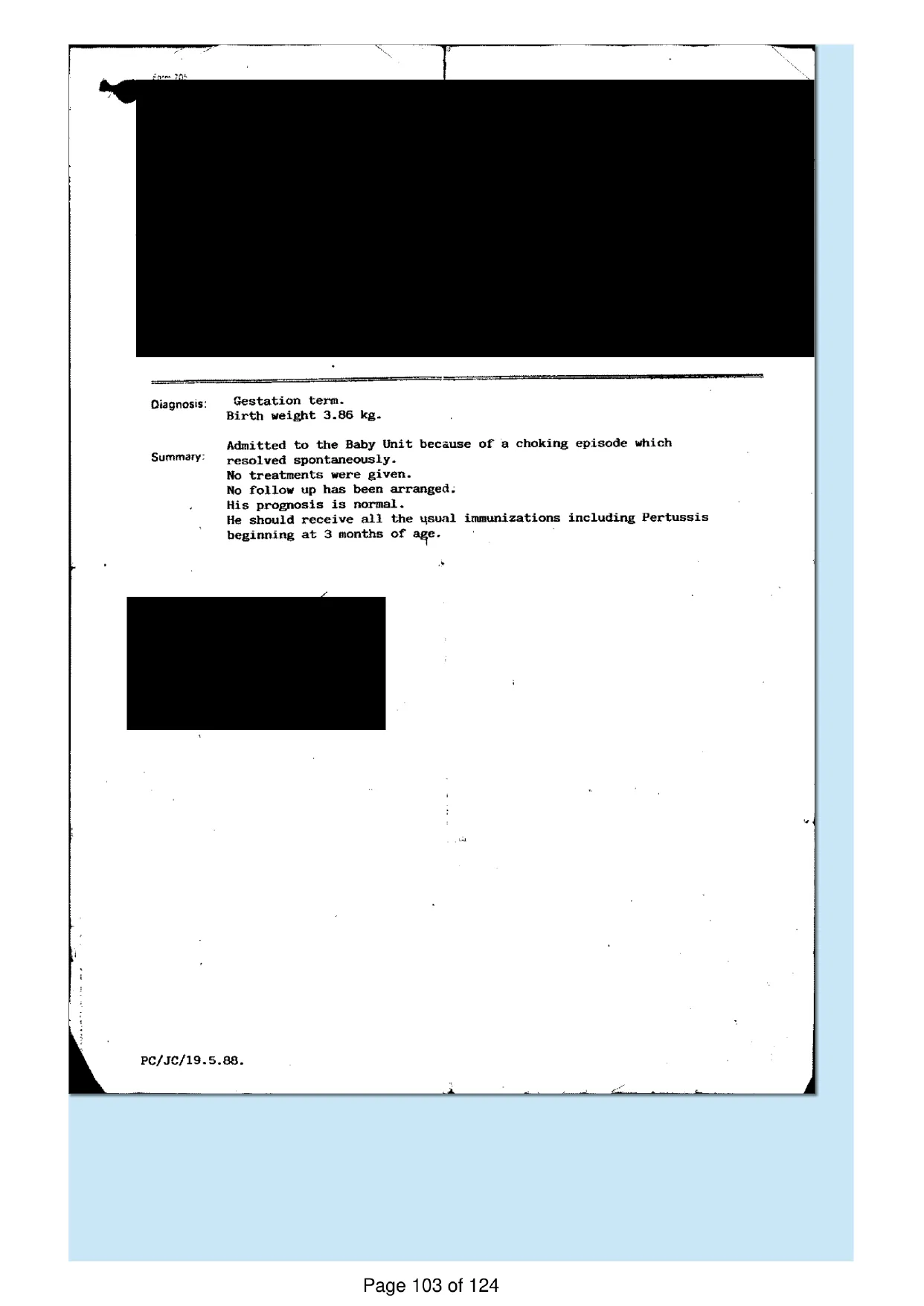 Page 103 of the record: A hospital discharge summary, 1988