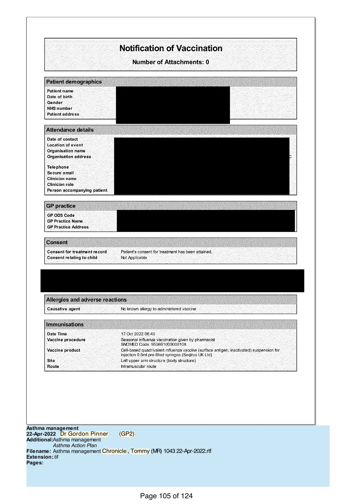 Page 105 of the record: A care plan document, filed as a scan