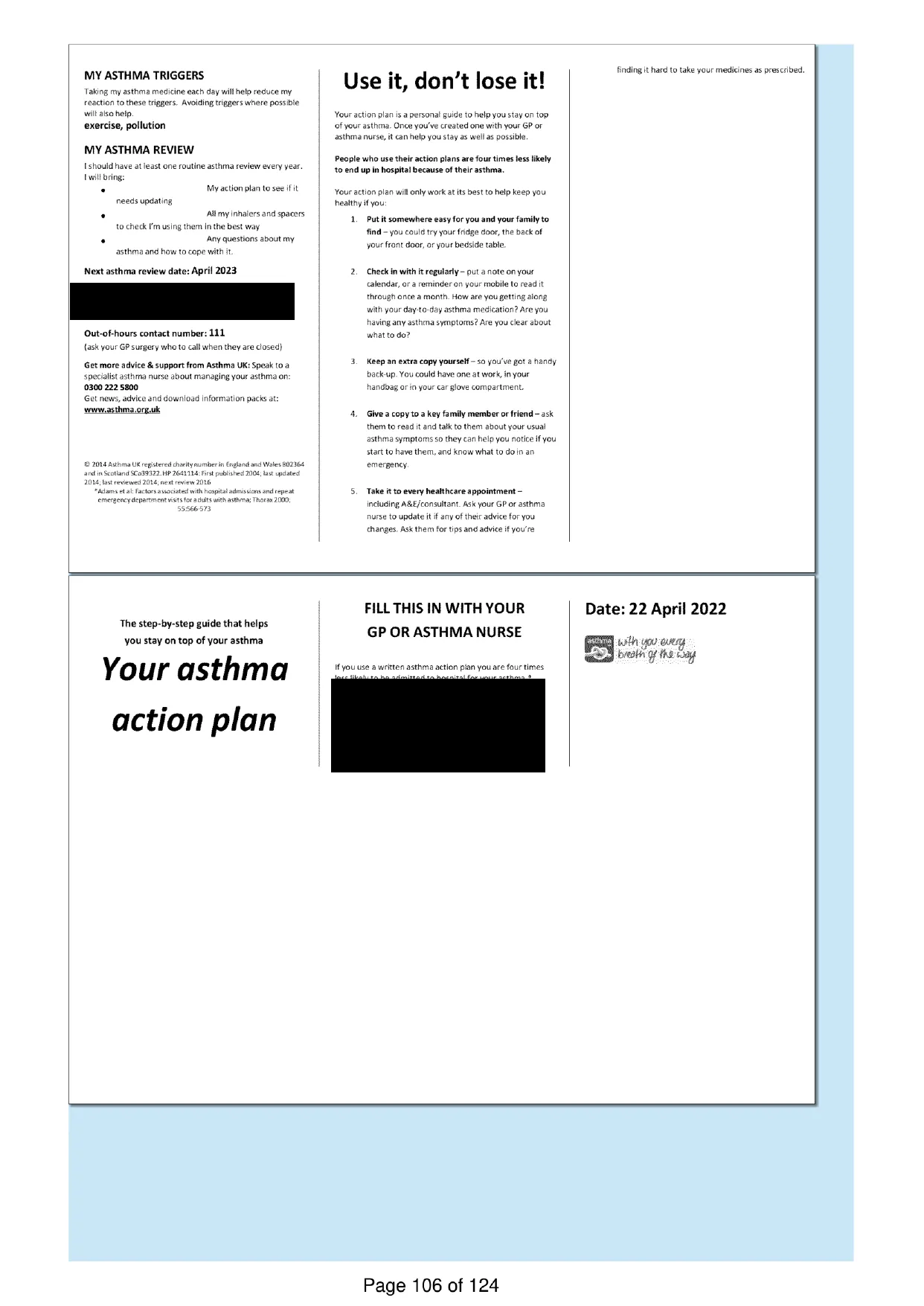 Page 106 of the record: A printed action plan leaflet, 2022